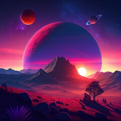 A deserted abstract colorful alien landscape. Alien planets during sunrise. A beautiful landscape on another planet. Generative AI Art.