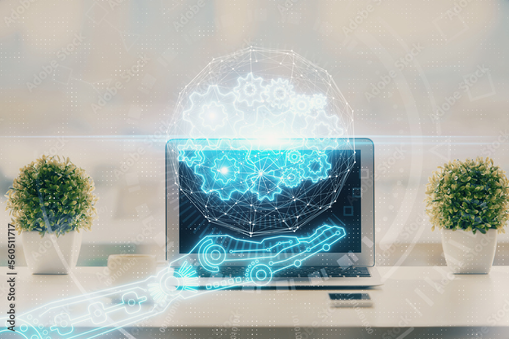 Poster double exposure of table with computer on background and data theme drawing. concept of innovation.