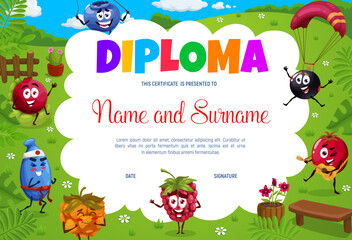 Kids diploma. Cartoon berry characters summer vacation. Kids certificate, child education achievement vector diploma, school award document with honeyberry, raspberry and blueberry funny personages