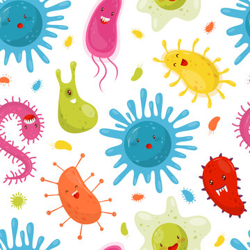 Funny Germs and Bacteria with Cute Face Seamless Pattern Vector Template