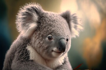 Obraz premium a koala bear with a leaf in its mouth and a blurry background behind it, with a blue sky and clouds in the background, and a yellow sky with a few clouds.