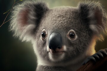 Obraz premium a koala bear with a branch in its mouth and eyes wide open, looking at the camera with a serious look on its face, with a dark background of leaves and branches and.