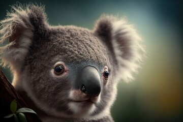 Obraz premium a koala bear is sitting on a tree branch with its eyes open and a blurry background is in the background of the picture, and the koala bear is looking at the camera.