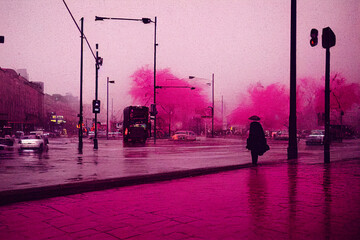 A street in pink colors, a pink highway, a highway and people in pink. Background image in pink and crimson tones.