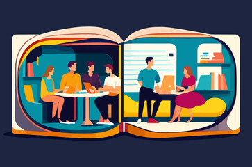People reading books or preparing for exams, students. Education, learning design elements. Set of modern literature fans, book lovers, readers. Flat vector illustration.