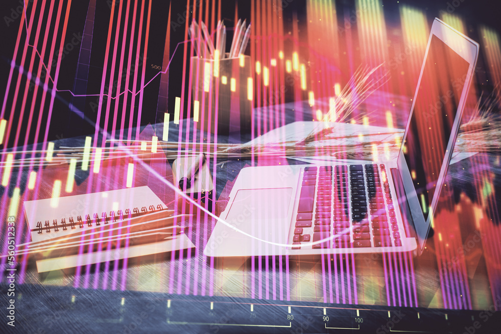 Aufkleber Financial chart drawing and table with computer on background. Multi exposure. Concept of international markets.