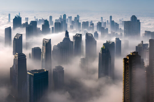 Fog City Ariel View with high-rise Skyscrapers Buildings in developed City
