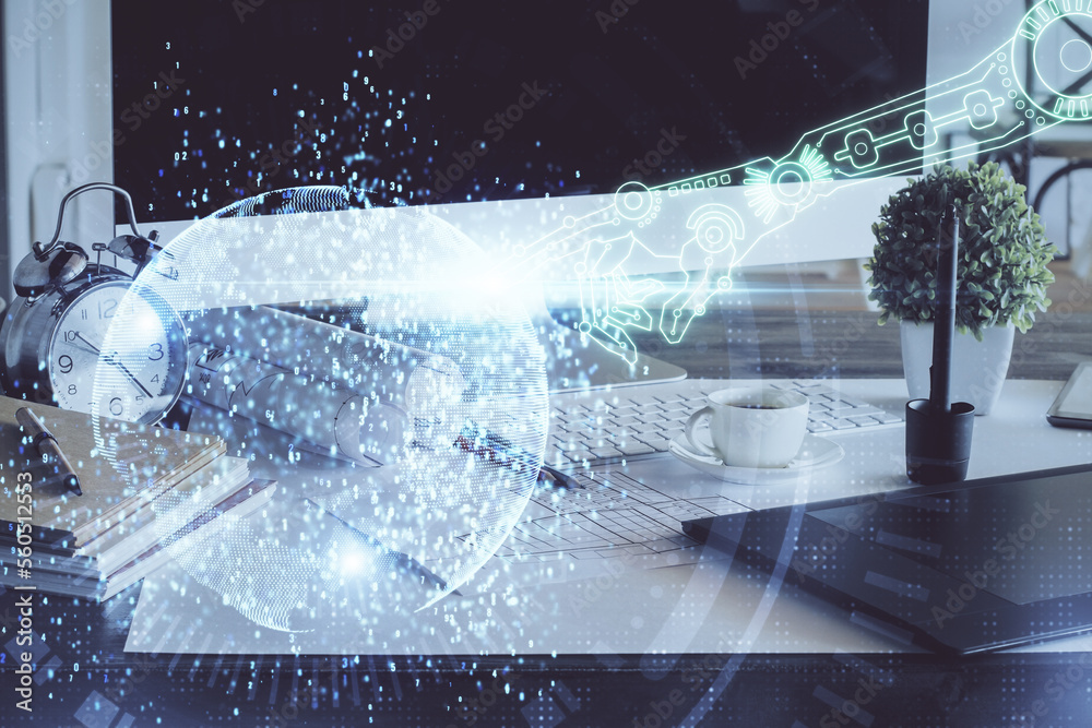 Poster Double exposure of desktop with computer on background and tech theme drawing. Concept of big data.