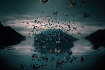 Butterflies in the swarm over a lake. Generative AI