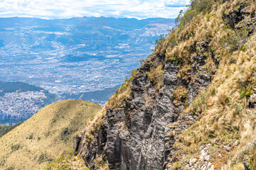 View of volcanoes and mountains above the city of Quito in Ecuador