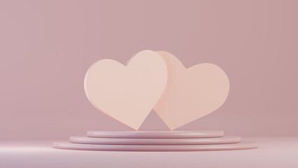 3d render of two hearts shapes on round platforms set in pink colors