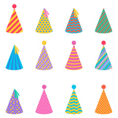 Collection of festive paper caps. Hats for the party. Illustration on transparent background