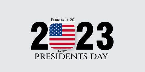 Happy Presidents Day greeting card, sale flyer, banner, poster with american flag 2023 number.  Presidents day holiday in USA.  Patriotic calligraphy on white background. Vector illustration