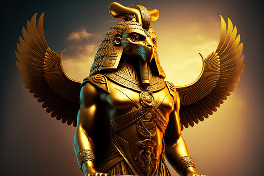 Golden statue of the Egyptian god Horus. mythical characters skies god. Generative AI