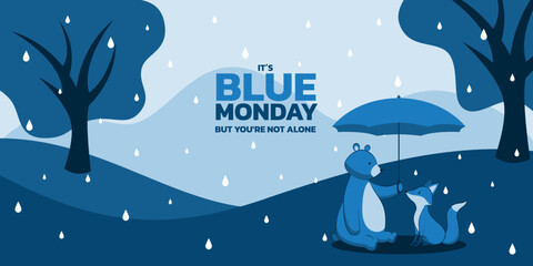 Cute bear and fox on Blue Monday landscape