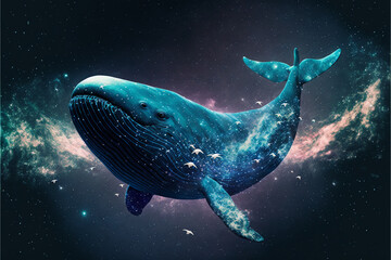 The whale swims in space. AI generation