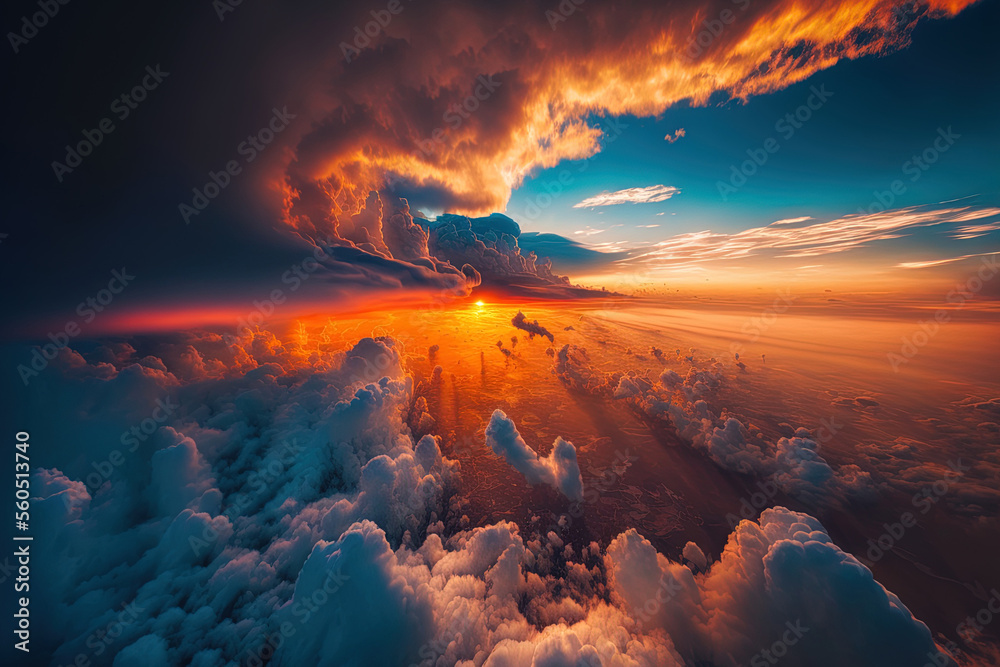 Sticker Aerial drone shot of a stunning dramatic sunset sky above fluffy clouds in the early morning. Generative AI