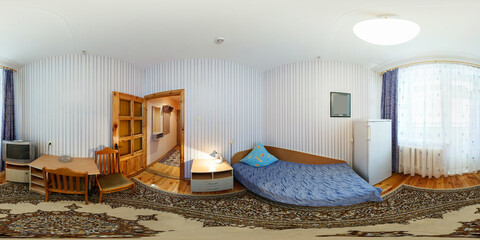 seamless 360 panorama in interior of bedroom of cheap hostel,  flat or apartments with chairs and...