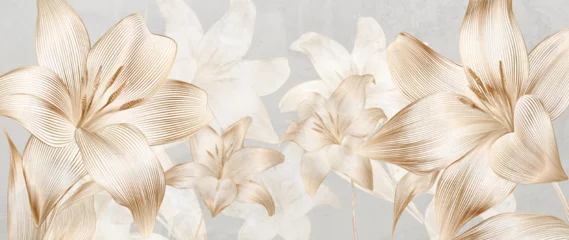 Foto op Plexiglas Luxury art background with flowers lilies hand drawn in gold art line style. Botanical abstract banner for decoration design, print, wallpaper, textile, interior design, fabric. © VectorART