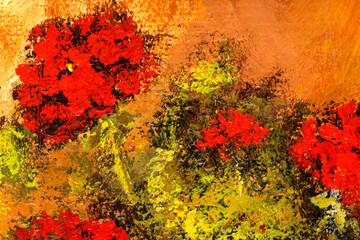 Abstract macro of still life painting depicting red geranium flowers. Beautiful impressionist style floral painting