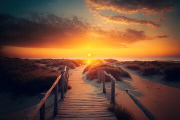 a serene sunset and a wooden pathway. Generative AI