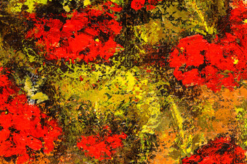 Abstract macro of still life painting depicting red geranium flowers. Beautiful impressionist style floral painting