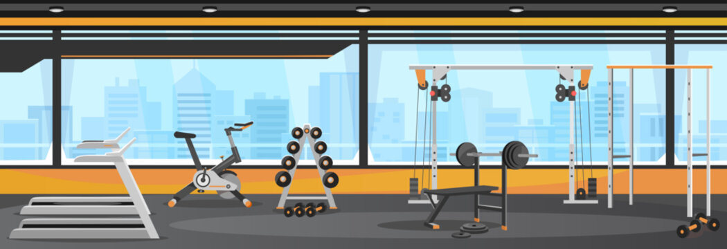 Modern gym interior design with machines and free weights. Fitness center illustration with training equipment: treadmill, cycle, bench, dumbbells, barbell, crossover. Cartoon style vector background.