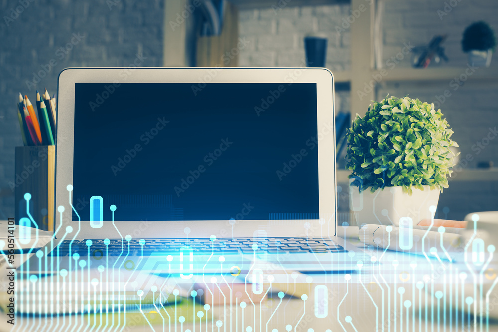 Poster Double exposure of desktop with personal computer on background and tech theme drawing. Concept of Bigdata.