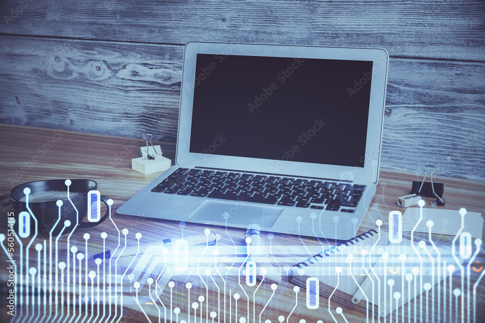 Aufkleber Double exposure of desktop with personal computer on background and tech theme drawing. Concept of Bigdata.