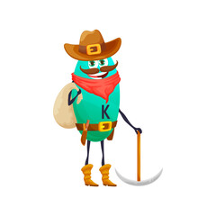 Cartoon potassium kalium micronutrient gold digger character. Vitamin K cowboy with pickaxe and money sack. Isolated vector personage wear ranger hat. Wild west golden rush hero