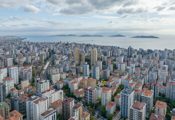 Aerial view of Erenköy in Kadıköy district of Istanbul province and the islands in the sea of ​​​​Marmara