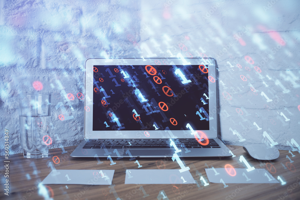 Aufkleber Double exposure of desktop with personal computer on background and tech theme drawing. Concept of Bigdata.