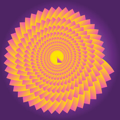 Optical circular motion illusion vector illustration background. leaf flower orange yellow purple spiral striped pattern moving around the center