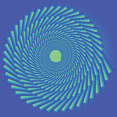Optical circular motion illusion vector illustration background. fan blue cyan green spiral striped pattern moving around the center