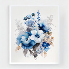 Blue Floral Bouquet in Digital Watercolor. Generative ai