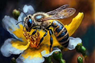 Fototapeta bee pollinating a yellow flower ,ai, Generative AI obraz