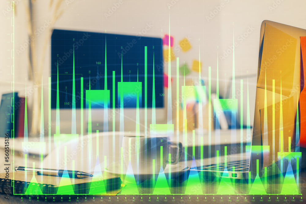 Poster financial chart drawing and table with computer on background. multi exposure. concept of internatio