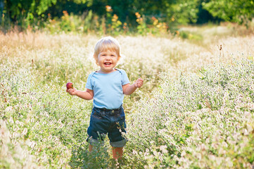 Little boy with apple plays on a green meadow.
