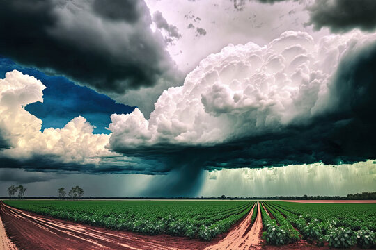 Image of rain laden clouds arriving over a large soy plantation. Generative AI