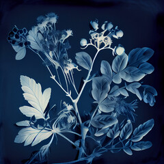 Shades of Blue Cyanotype Print with Ferns and Delicate Leaves. Generative ai - 560515924