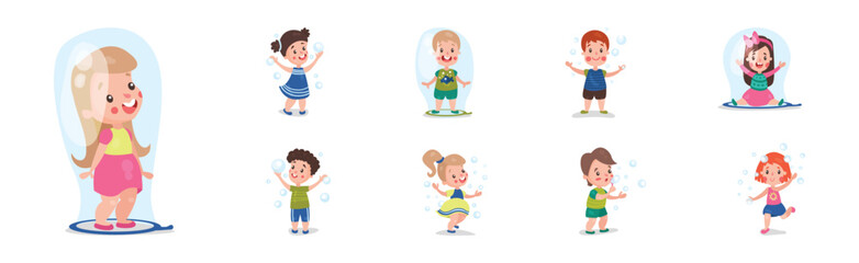 Cute Little Boy and Girl Playing and Blowing Soap Bubbles Vector Set