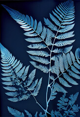 Shades of Blue Cyanotype Print with Ferns and Delicate Leaves. Generative ai
