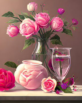 Romantic still-life bouquet of roses in vase. Background illustration, generative ai