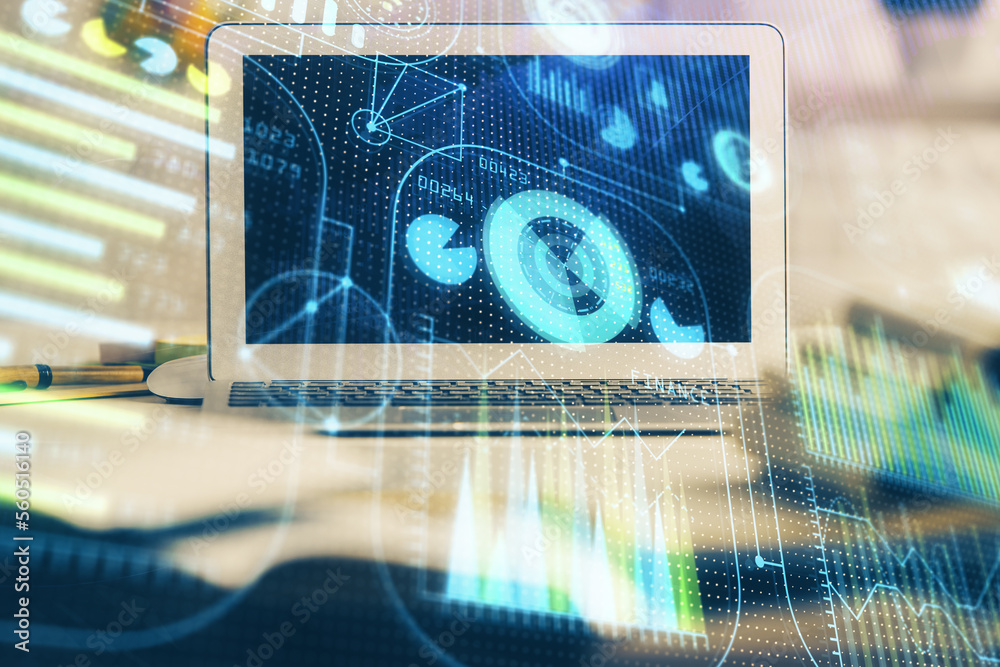 Poster Multi exposure of desktop computer and technology theme hologram. Concept of software development.