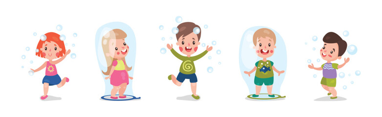 Cute Little Boy and Girl Playing and Blowing Soap Bubbles Vector Set