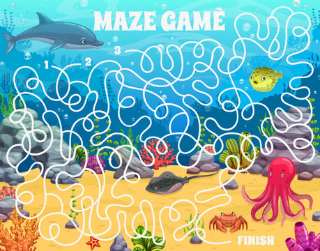 Labyrinth maze cartoon underwater landscape and animals. Kids vector board game worksheet with dolphin, octopus, puffer fish and crab on seafloor with corals and seaweeds. Educational children riddle