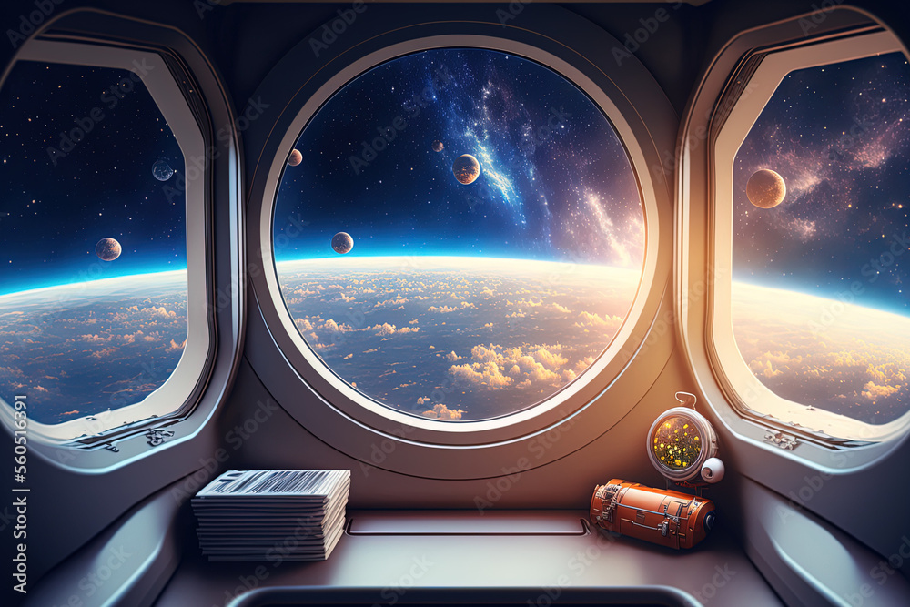 Wall mural features a spaceship cabin with a view of the universe and faraway planets. generative ai