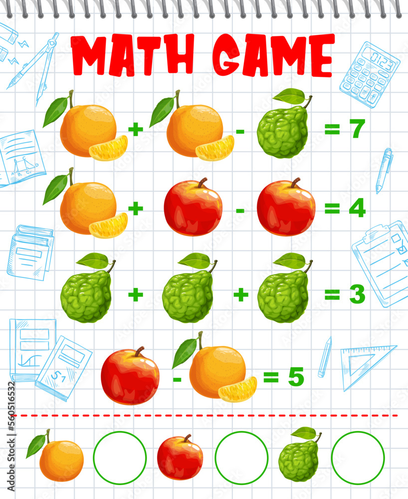 Poster orange, bergamot and peach fruits math game worksheet, education maze. cartoon vector mathematics ri
