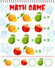 Orange, bergamot and peach fruits math game worksheet, education maze. Cartoon vector mathematics riddle for children counting skills development. Addition and subtraction examples for kids