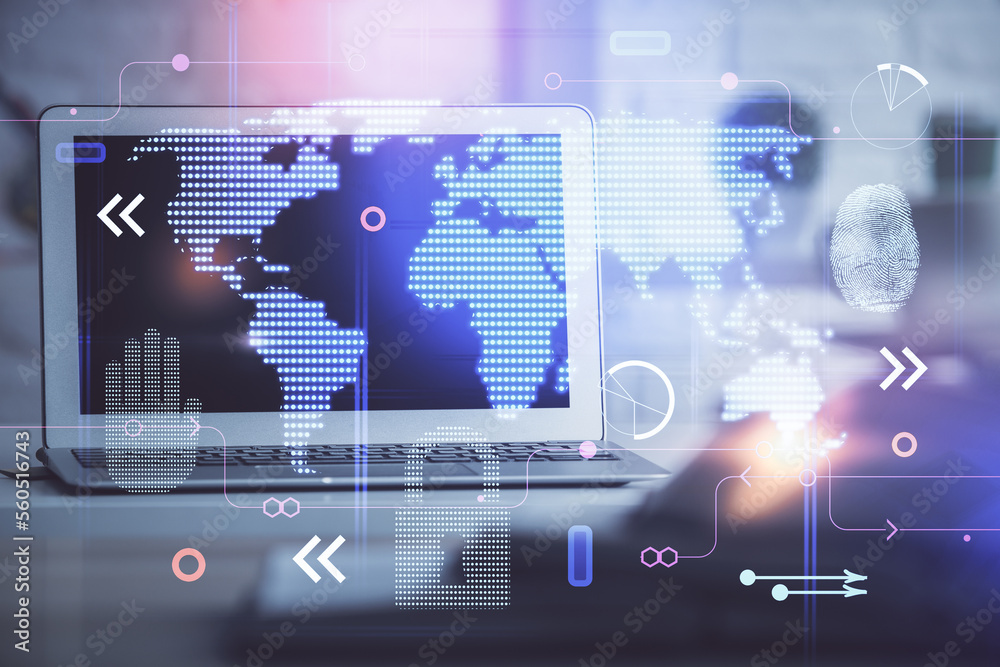 Poster Double exposure of desktop with computer and world map hologram. International data network concept.